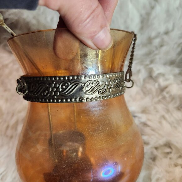 Antique Bronze & Glass Hanging Lanterns With Filigree Detailing - Picture 5 of 5